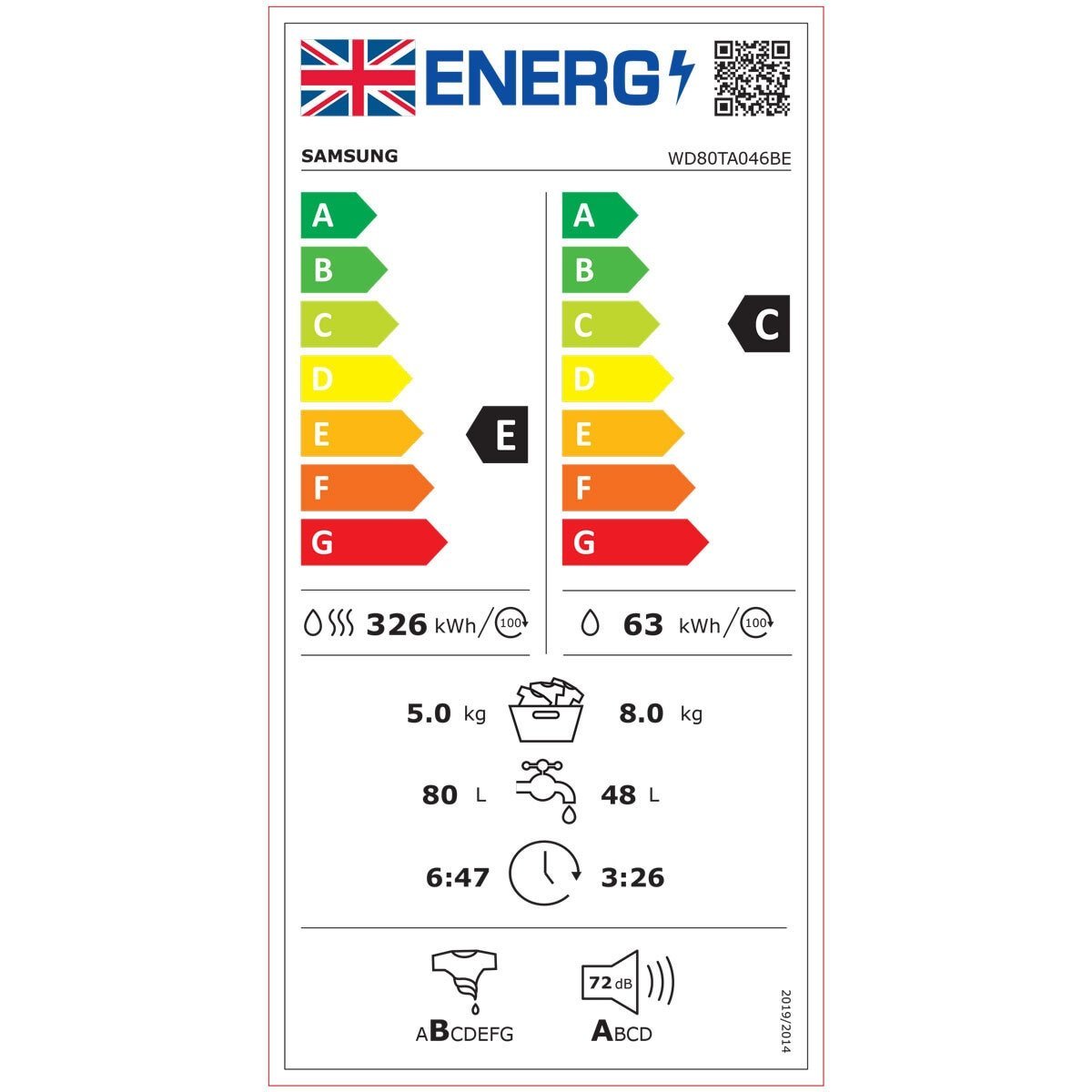 Samsung Series 5 WD80TA046BE/EU, 8kg/5kg, 1400rpm, Washer Dryer, E Rated in White - Image 7